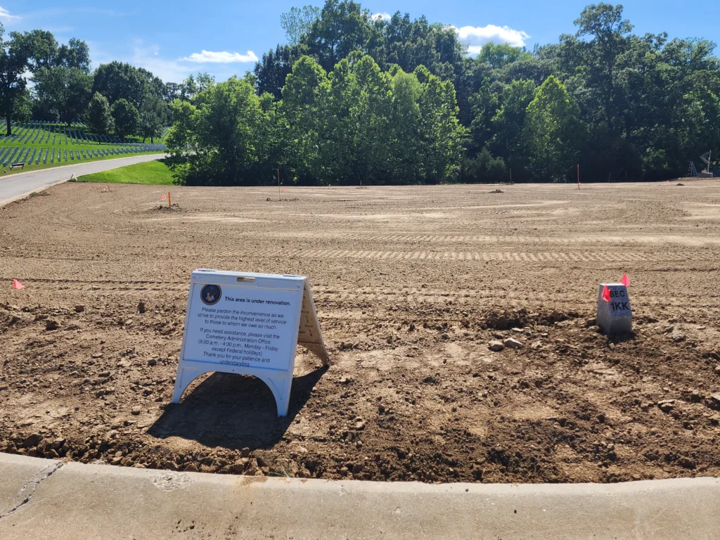 Sign advising that the area is under construction during sod replacement at Jefferson Barracks National Cemetery Sec 1KK.